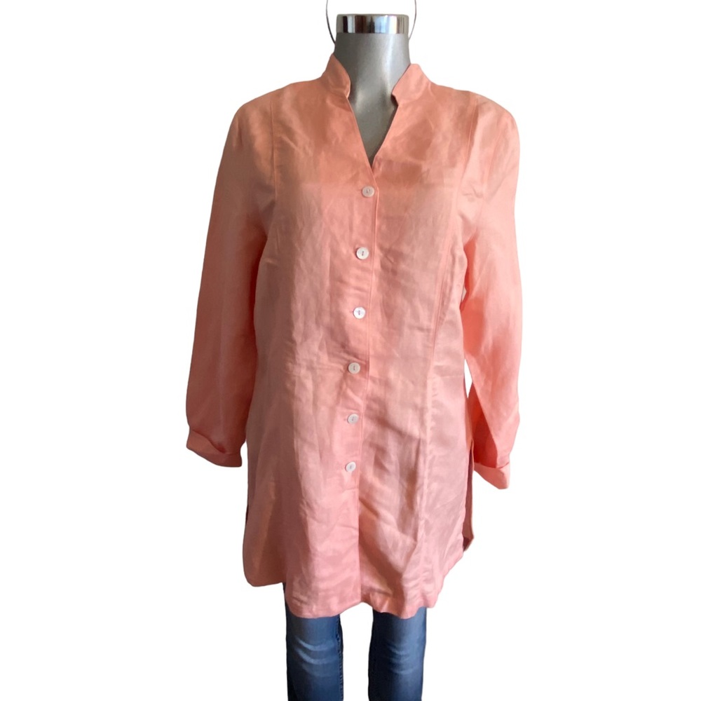 QVC Boho Linen Tunic Dress Shirt Coral Beach Casual-Chic Coastal Quiet Luxury L